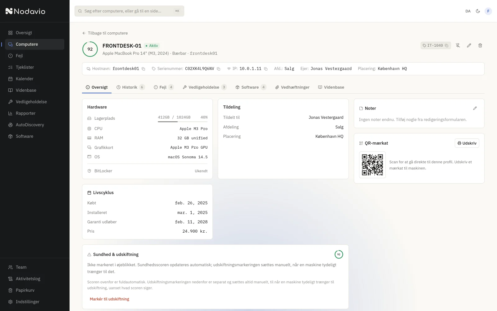 Nodavio-computerdetaljevisning, der viser hardwarespecifikationer, livscyklusdatoer og sundhedsscore